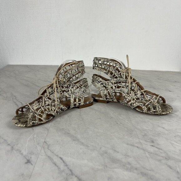 Joie Renee Sandals 8 Womens Leather Caged Animal Print Lace Up Flat Open Toe 38 - Picture 5 of 9